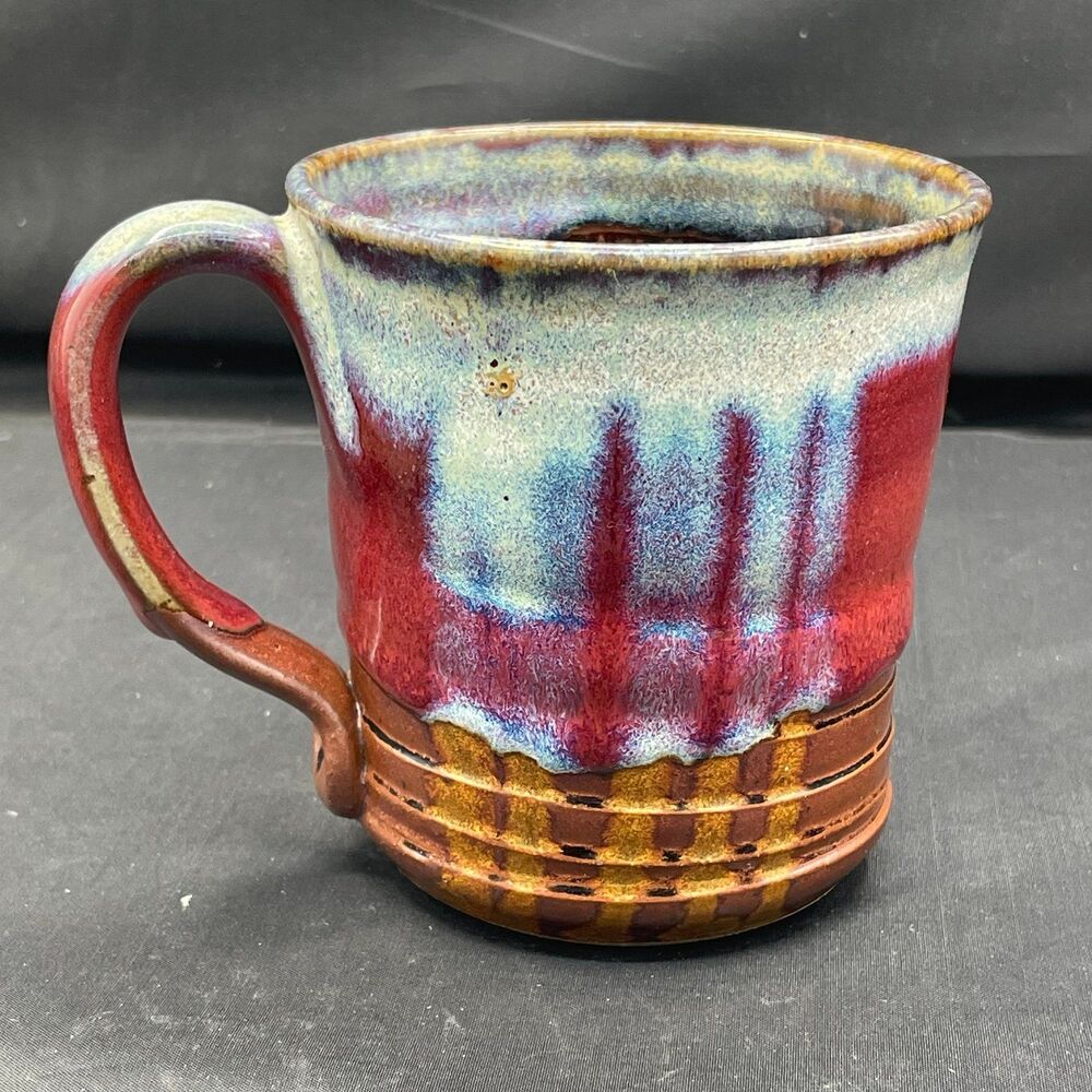 Handmade Artisan Studio Pottery Mug Red Blue Brown Glaze Signed Coffee Cup